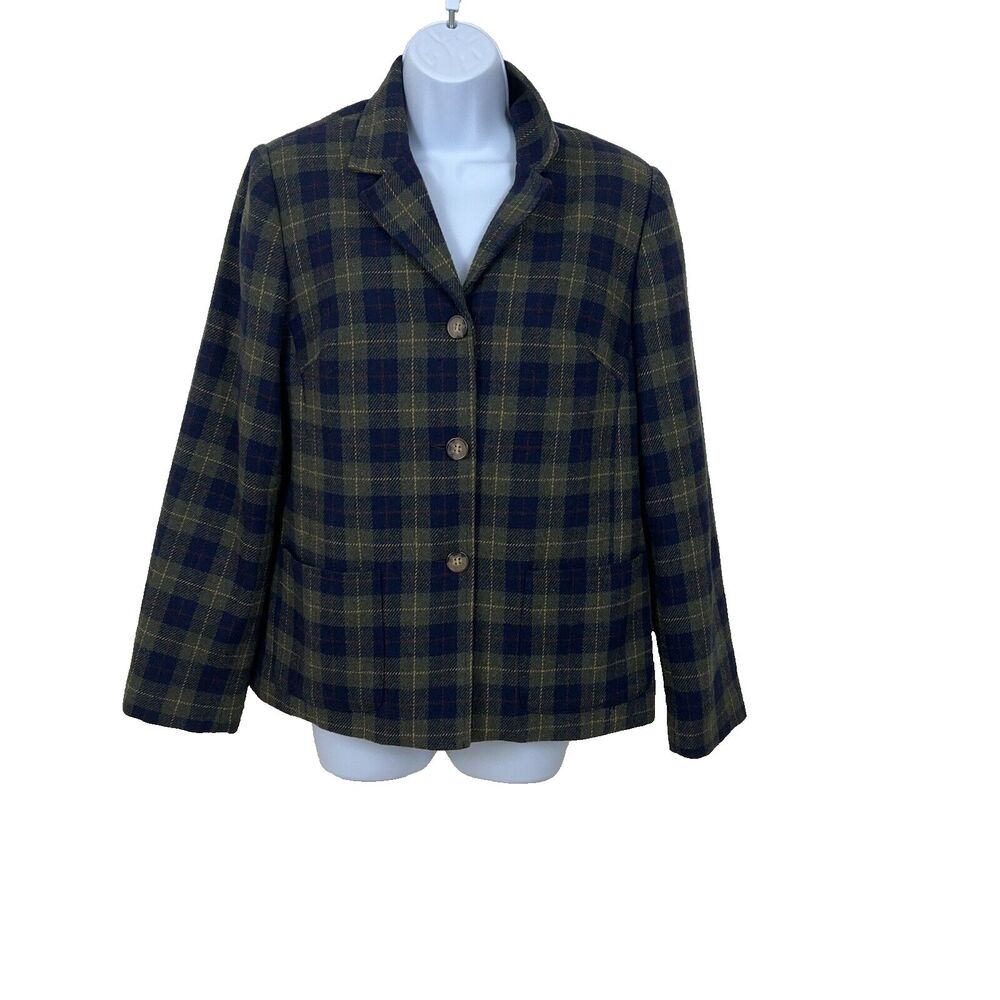 White Stag Wool Blazer Womens Size 6 Green Navy Plaid Tartan Jacket Vintage Care
